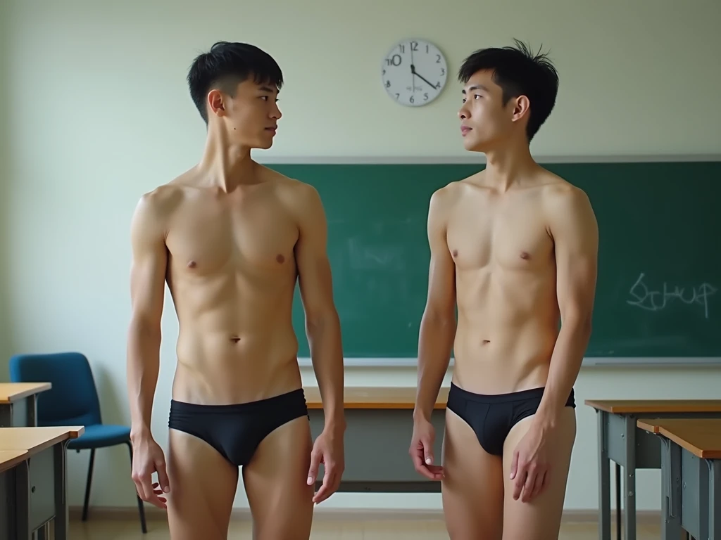 Two 18-year-old Asian male teenagers wearing the same panties are standing and then hit by a teacher in the butt with a non-slim figure in the classroom.