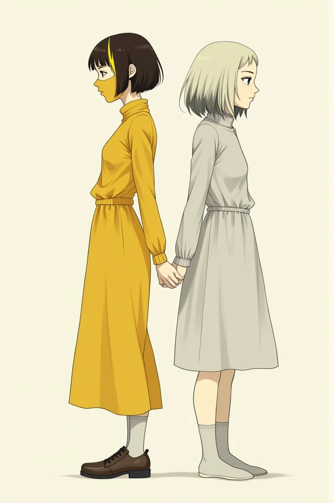 Tall pale woman with short chin length dark brown hair with yellow streaks wearing a yellow turtleneck and a yellow mask standing back to back with a pale woman with short shoulder length pale blonde hair with two tone gray streaks wearing a light gray dre...