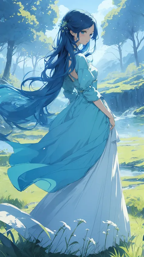  Blue Haired Anime Girl Wearing Grass Hat and Blue Dress, artwork in the style of Guvez, Beautiful anime portraits, Guvez,  Beautiful Anime Girl , beautiful  anime style ,  blue-haired anime girl ,  anime style . 【8k,  in the art style of Potter water ,  B...