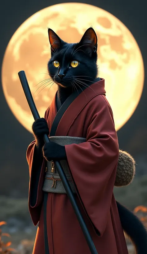 A black cat is standing with a shamisen dressed as an Onmyoji　 full moon　Personification