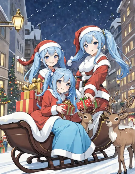  long light blue hair、 beautiful girl with twin tail hairstyle 、  Santa Claus、smile、They are handing out presents on a reindeer sleigh in a beautiful snowy city