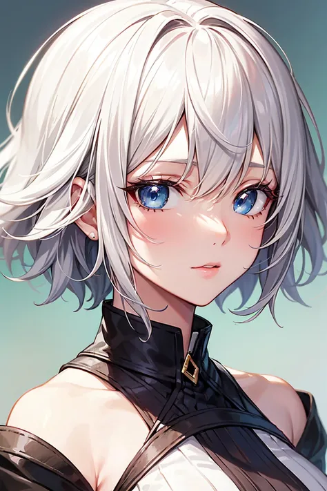 Beautiful mature anime woman, short white hair, blue eyes, detailed face, pretty eyes, 1girl