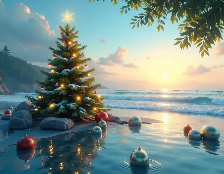 Background for Christmas card allucive to the ocean, That it has a Christmas tree and Christmas balls}