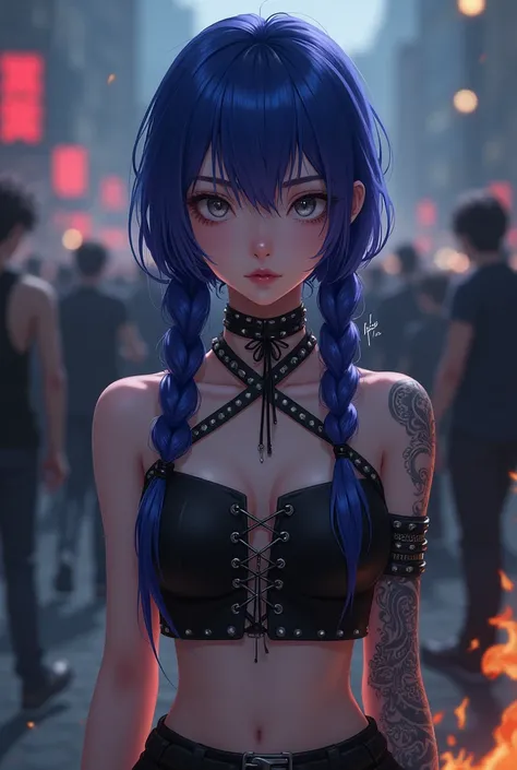 A young woman 8d-style female character, likely in her late teens or early twenties, is the central focus.  Her ethnicity appears to be East Asian.  Her hair is a vibrant, almost electric,  blue-purple, styled in long, thick braids that cascade down her ba...