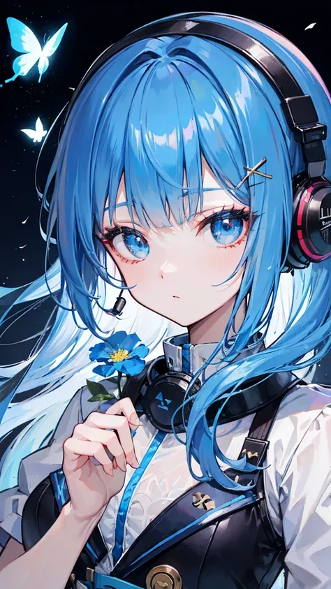  long hair, Straight bangs,  blue hair,  blue eyes, Solo, Light bolt touch , headphone mic, X hairpin, butterfly, flower, jewel, front주관적 시점, 클로즈업, 홀로그램 빛, 색차 남발, 