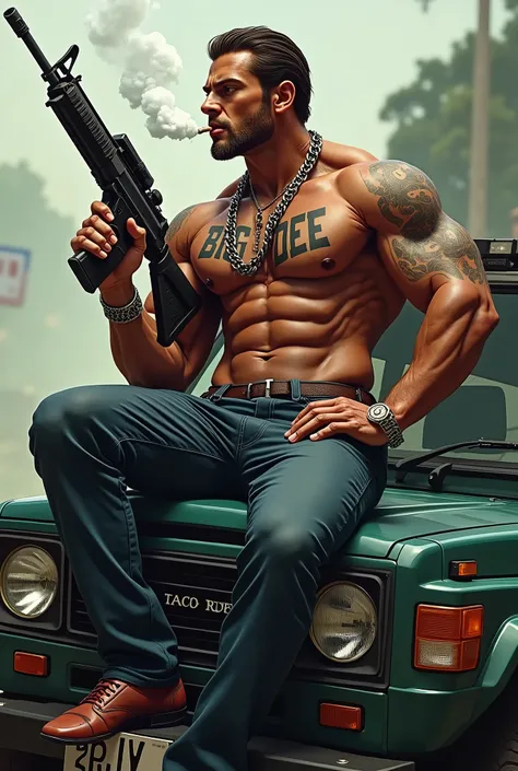 A MAN SITTING ON A FIVE DOOR LAND CRUISER WITHOUT SHIRT WITH HIS MUSCLES BULGING OUT WITH THE BIG-DEE TATTOO ON HIS CHEST AND HE IS SMOKING MARIJUANA AND HE IS HOLDING A MACHINE GUN WITH THE CHAIN BULLETS HANGING AROUND HIS NECK DOWNWARDS 