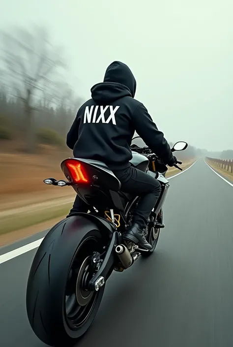 make a picture of a man in a black hoodie with nixx writing on the back of the hoodie alone riding a sports motorbike fast, high quality, 4k ultra hd