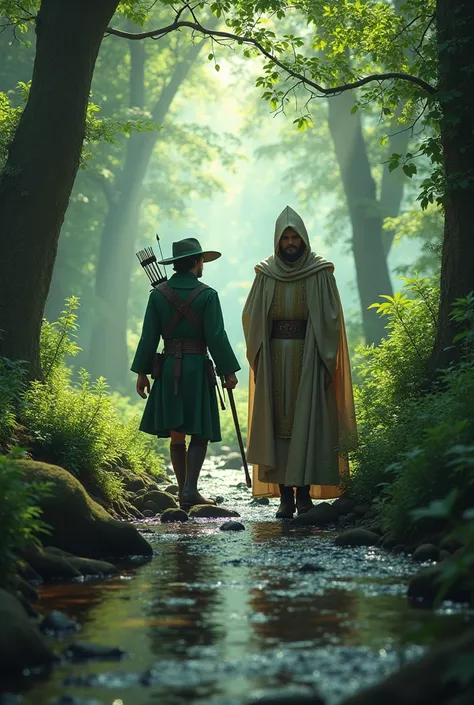 Robin hood ve sherwood ormanı ve rahip var. Robin and the Priest are crossing the creek, the priest has a priests outfit on