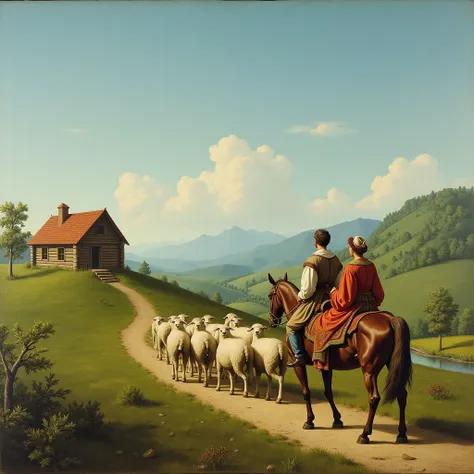 Early Renaissance-style image of a beautiful nature with a blue sky, and two middle-aged people riding on horseback, following a flock of sheep, passing by a log cabin with a chimney