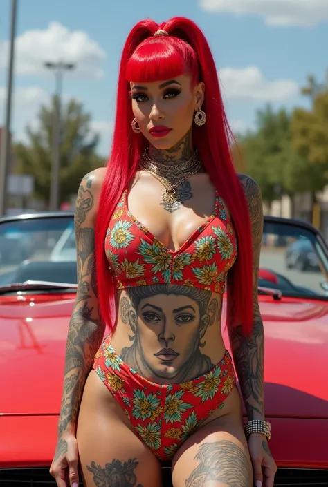 Cardi b full of tattoos red hair big breasts, big breasts, huge, , big hips, big , bimbo, bimbofied, wearing  colorful club outfit, outfit,  bigger hips, bigger butt, hourglass, biggest hips, colorful fashion clothing, fully colored clothed, stylish colors...