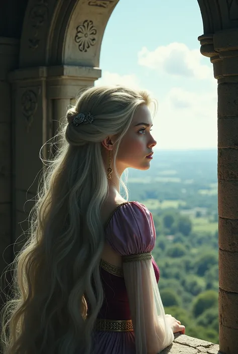 Rapunzel with grey sliver long hair staring into her kingdom from her tower