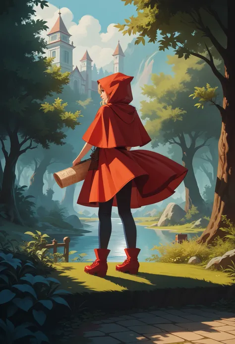 postcard design, story of Little Red Riding Hood, flat Design, anime, vector illustrations, graphic illustration, detailed 2d illustration, flat illustration, digital illustration, digital artwork, lineless, frat color, no lineart,