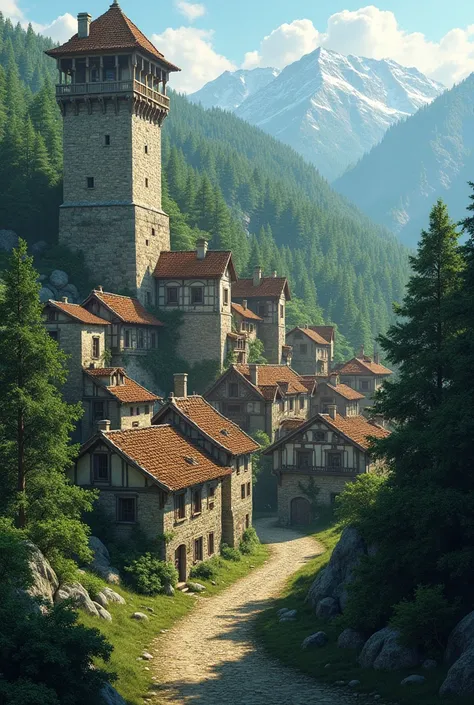  A village with rock houses, surrounded by wooden walls surrounding the city, large walls, several houses , many houses, medieval,  surrounded by a forest , plain,  (without mountains) 