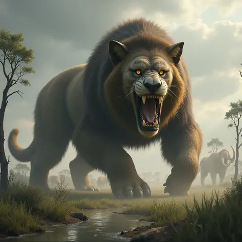 A hyper-realistic depiction of a Smilodon, also known as the saber-toothed cat, in its natural habitat during the Pleistocene epoch. The Smilodon is portrayed at its actual size, standing powerfully in a lush, open plain with sparse trees and tall grass, i...