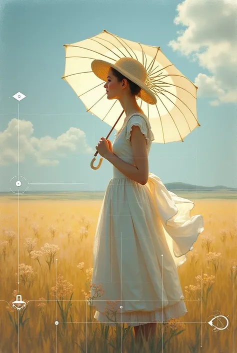 Create a 3D interpretation inspired by Claude Monets Woman with a Parasol, viewed from a diagonal perspective, similar to the angle of a camera lens. The scene captures the woman standing in a sunlit field with her parasol, rendered in a three-dimensional ...