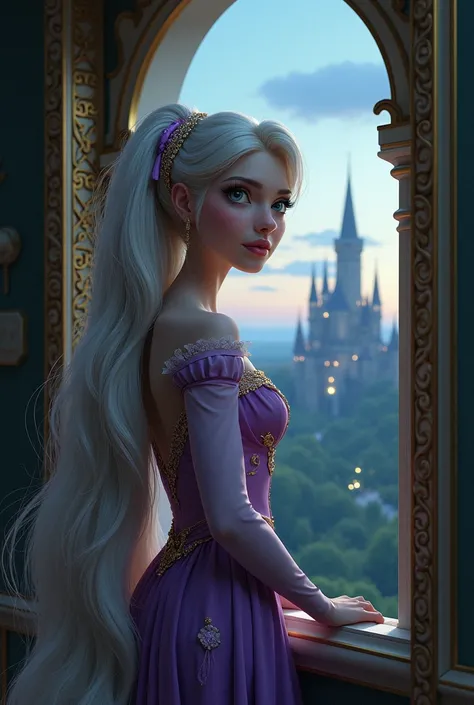 Rapunzel with glowing dark  sliver long hair staring into her kingdom from her tower