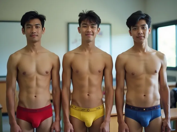 Three 18 year old Asian male teens wearing the same panties are standing in the classroom
