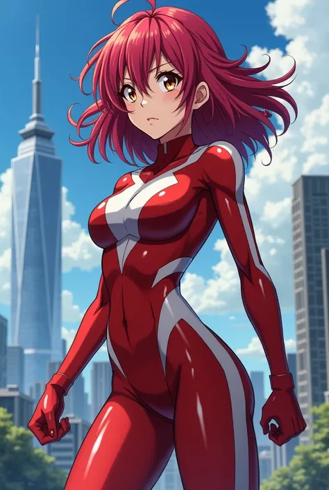  My Hero Academia style ,   anime girl , woman, young woman ,  full body shot ,( Fighting Stance :1.3),Long Hair, Red Hair,   Brown Eyes , hero suit, Full Body Suit,  red suit with white details, perfect anatomy,  enhanced abs , super detailed,(building:1....