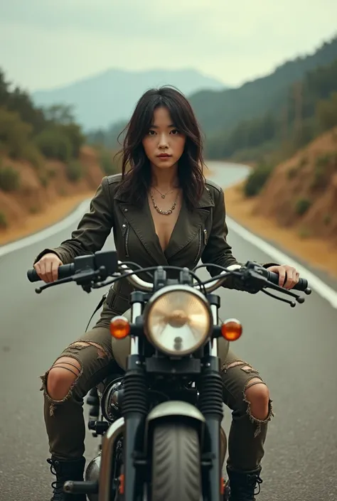 1950s, cafe racer, Japanese woman, riders wear, beautiful face, torn pants, very intricate details, metallic paint, single road in wilderness, (masterpiece, best quality:1.2), (8k uhd, 16k, 32k, ultra high res), realistic photo, taken with Fuji film X-T30+...