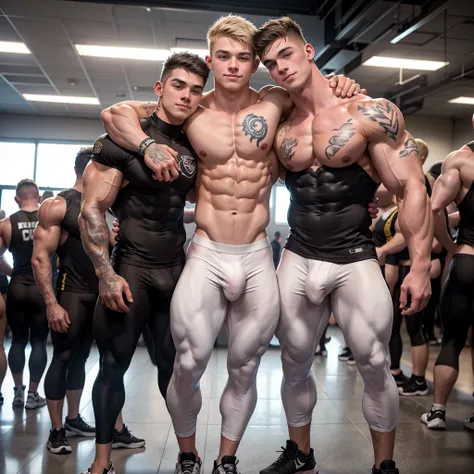 white skin,  18 year old bodybuilder, highschool freshman,  dressed in leggings, toppless, many tattoos, cute young face,  high detail faces, full body focus, 2 bodybuilders in the picture, friends hugging each other from behind. Shoot from a long distance...