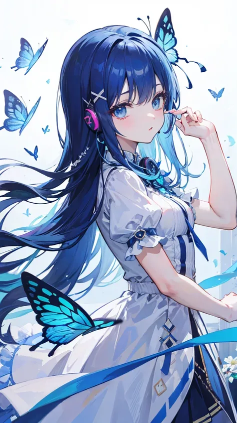  long hair, Straight bangs,  blue hair,  blue eyes, Solo, Light bolt touch , headphone mic, X hairpin, butterfly, flower, jewel, front주관적 시점, 클로즈업, closeup