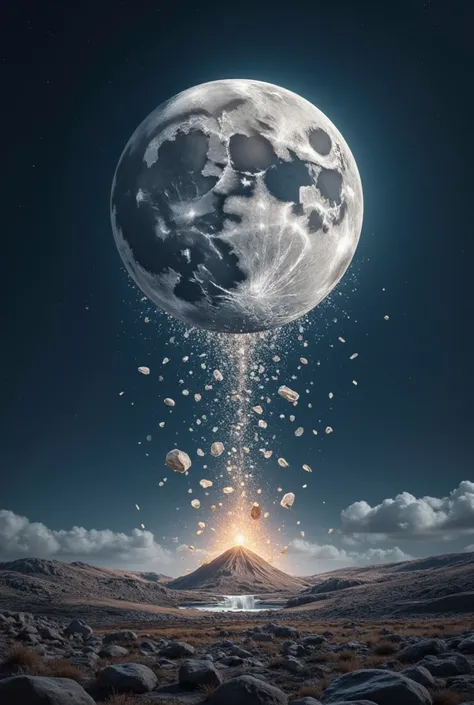 The moon falls rapidly，Broken into countless pieces in the sky ，, you can clearly see the movement trajectory of the moon fragments rushing to the ground