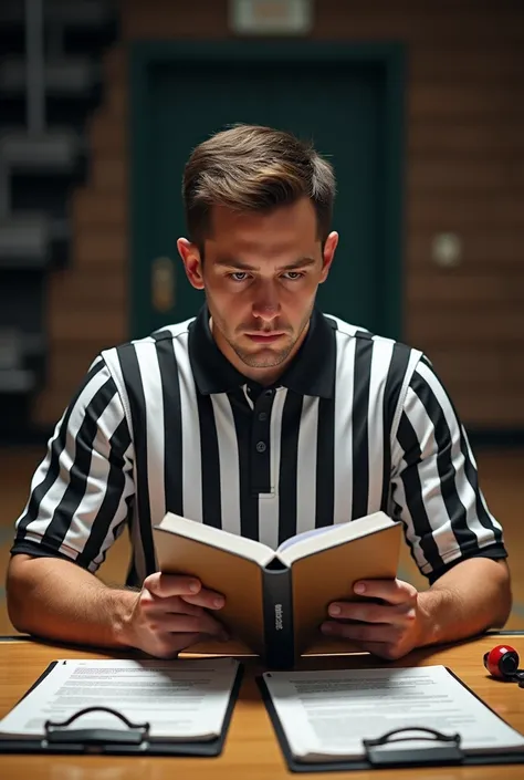 Basketball referee reading basketball rules 