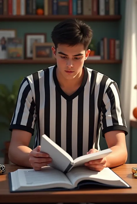 Young basketball referee reading basketball rules at home 