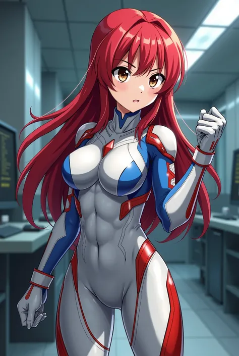   My Hero Academia Style ,   anime girl  , woman, young woman ,  full body shot ,( Fighting Stance :1.3), long hair, Red Hair,   Brown Eyes , hero suit, Full Body Suit, silver suit with red and blue details,  Perfect Anatomy  ,  enhanced abs , super detail...