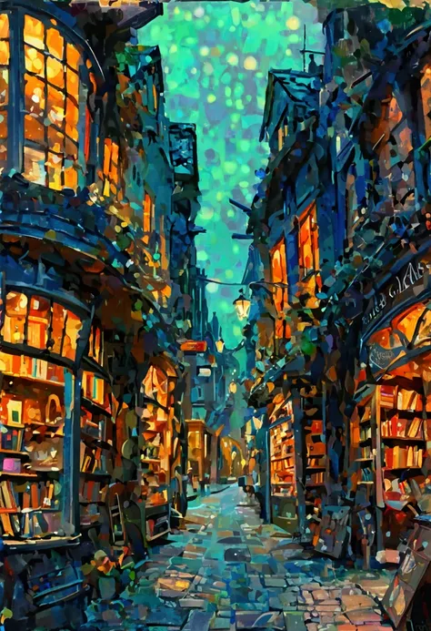 Vintage bookshop in the old part of the town with the sign "iNSoMNiACS", A darkened city street at night, only illuminated by the moon and a few stars, dark buildings, quiet and still atmosphere, sense of mystery and calm, dark blue and orange color palett...