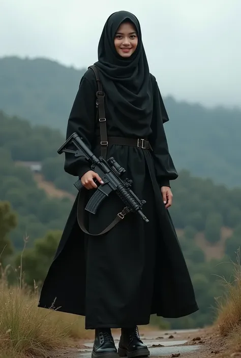  Realistic photo beautiful girl clean white face radiant smiling, wears long black hijab ,  wears gamis and black robe ,  wears black leather boots ,  is standing tall while carrying combat gear ,  background of hills and forest k8 