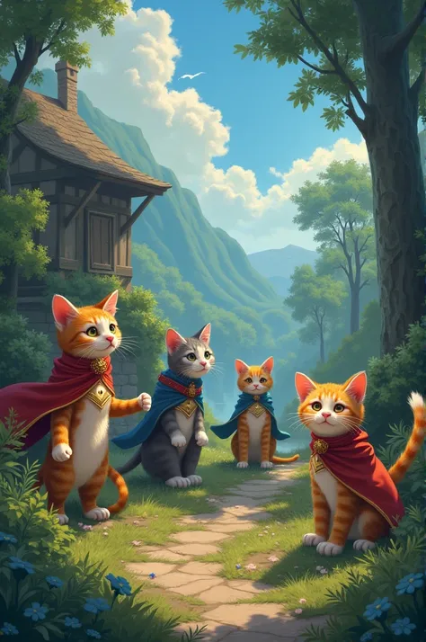 Imagine a world where cats can talk and have magical powers. Write about a group of cats on a mission to protect their village from an ancient curse. Each cat has a special power (like healing, invisibility, or super speed). How do they work together to sa...