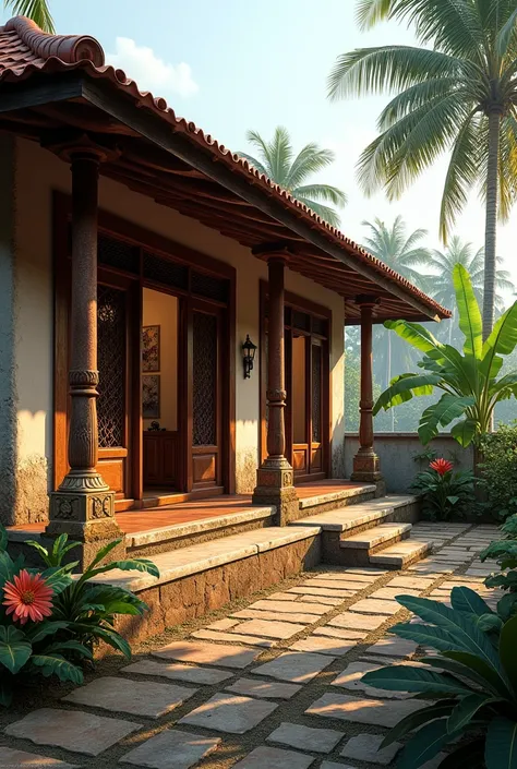 traditional Kerala-style house viewed from the northeast side, showcasing classic architectural elements. The house has a sloping, tiled roof with Mangalore tiles, and the walls are made of laterite stone or red brick, often painted in earthy tones. Large,...