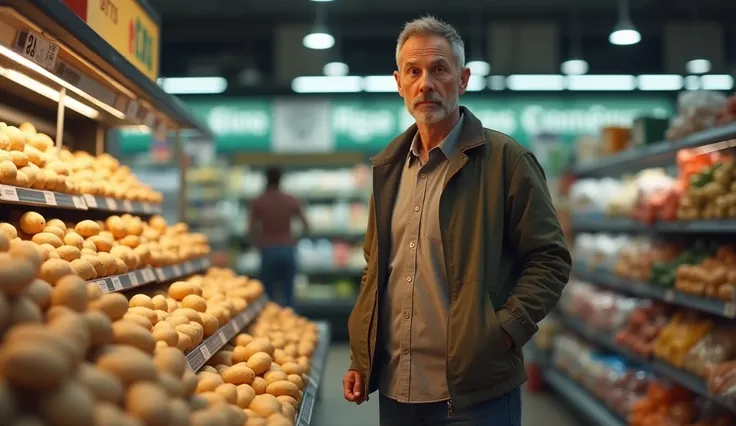 Un père caucasien debout dans une épicerie près des pommes de terre regard détourner maladroitement 