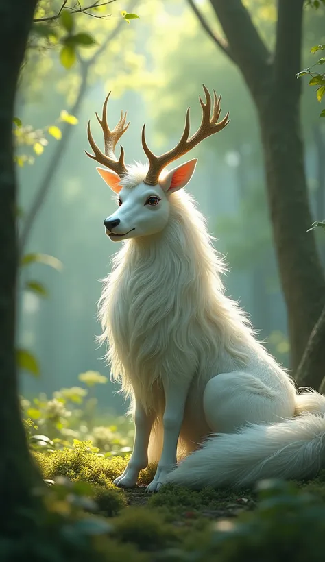 ((masterpiece,  top quality,  highest image quality  ,  High Resolution, Realistic,  original photo,  Extremely detailed unified CG 8K wallpaper )), forest， An animal after merging a deer and horse，White，long fur ，Fox-like face ， Long hair all over ， antle...