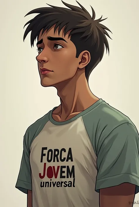 Young man dressed in a Forca Jovem Universal t-shirt doubting something