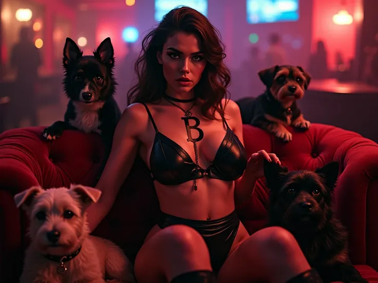  model woman wearing clothes with the letter B,  has large breasts ,  She is sitting on a couch , accompanied by dogs in a nightclub .