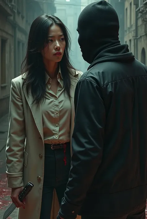 Modern, Realistic, a very beautiful asian woman, woman very thick hair, woman very glisten hair, knife cut throat a boy, neck bloody splash, wide open throat, throat contents, boy full face mask robber, woman knife, woman 50 year old, woman very old, woman...