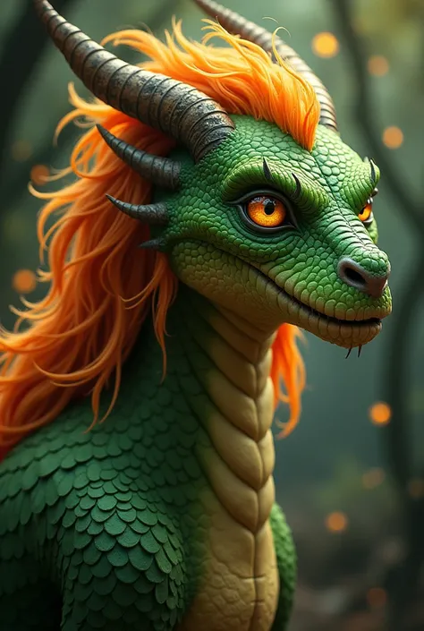  Create a portrait of a fantastic character ,  that combines human and dragon features.  He should have bright green scales on his cheeks ,  big golden eyes and long hair , shimmering like fire .  Background - dark forest with flickering lights .