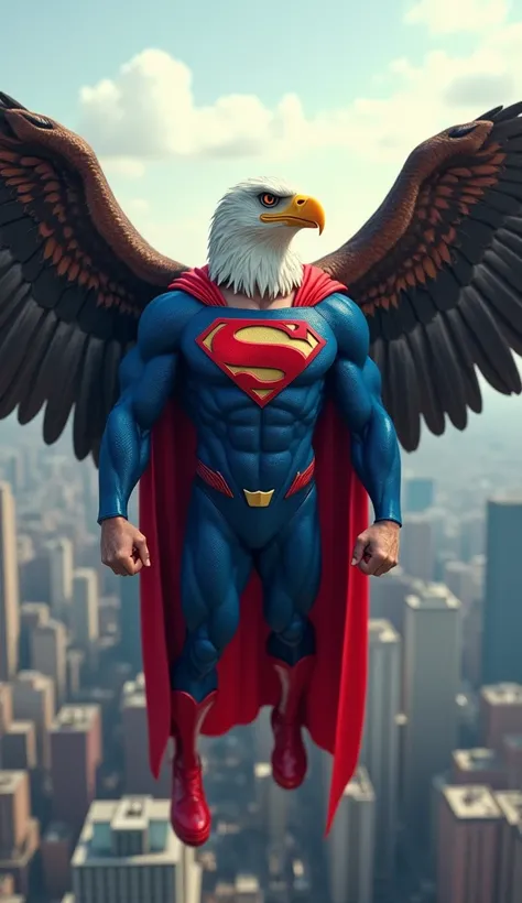 "Introducing Eagleman, a fusion of Superman and a majestic eagle. The character soars over Metropolis, showcasing a sleek, muscular body covered in blue and red feathers, blending Supermans iconic suit with the eagles plumage. His cape resembles eagle wing...