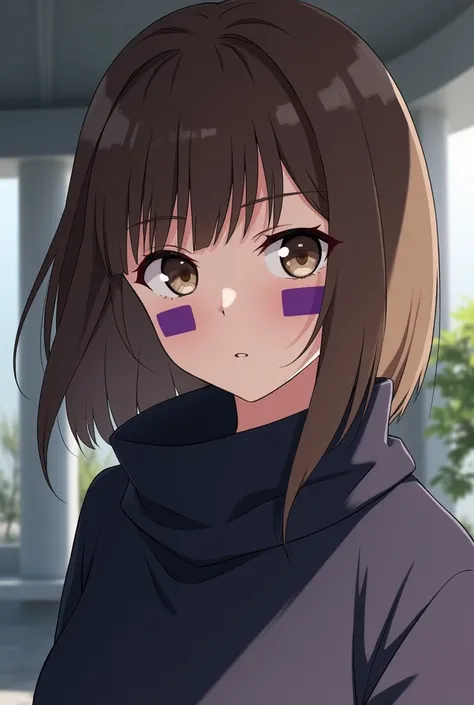 
 A young ninja with brown hair , smooth and shoulder-length ,  with straight bangs and some locks that frame her face .  She has big brown eyes and a kind expression . She wears two distinctive marks ,  purple rectangles under each eye . 

 Who is more mo...