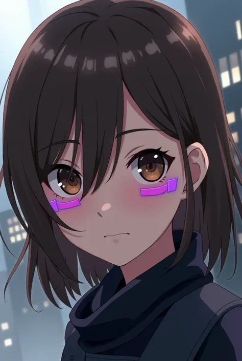 
 A young ninja with brown hair , smooth and up to the shoulders and some locks that frame her face.  She has big brown eyes and a kind expression . She wears two distinctive marks ,  purple rectangles under each eye . 

 Who is more modern and always the ...