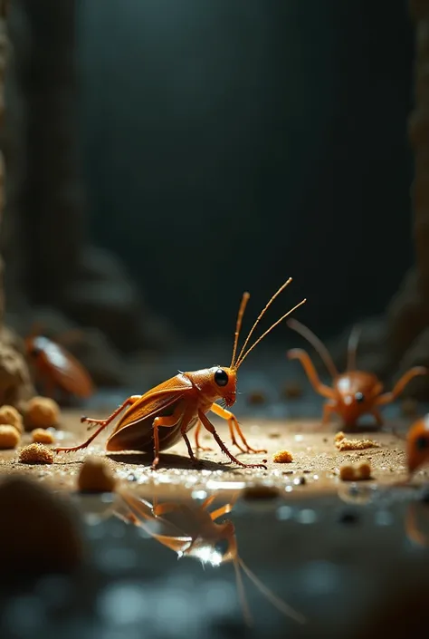 Image: In a dusty, shadowy corner, the little cockroach gazes at his reflection in a shiny surface, perhaps a drop of water or a piece of glass. Behind him, other cockroaches are busy fighting over a crumb of bread.

Caption: “Surrounded by chaos, but long...