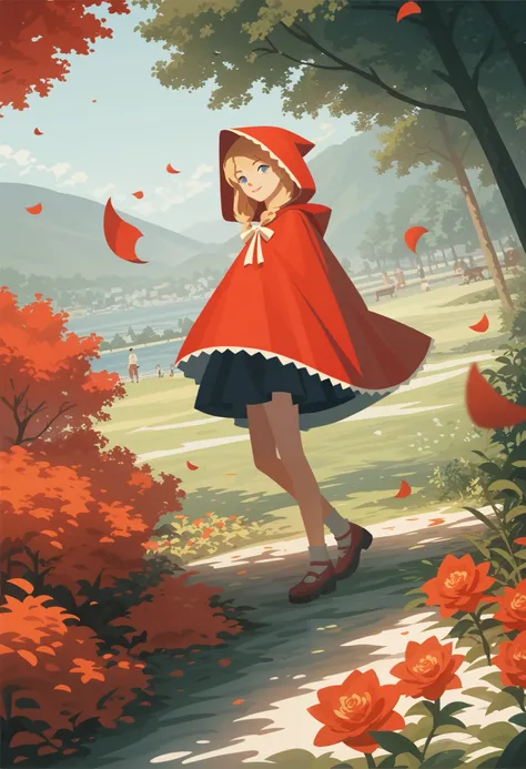 postcard design, story of Little Red Riding Hood, flat Design, anime, vector illustrations, graphic illustration, detailed 2d illustration, flat illustration, digital illustration, digital artwork, lineless, frat color, no lineart,