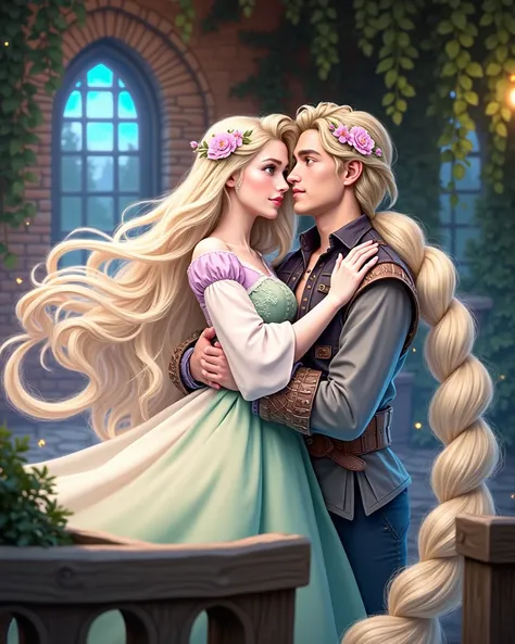 A photorealistic portrait of a 20-year-old American couple in love In the style of the Disney couple Rapunzel and Flynn. Rapunzel Style: The girl could have medium-long blonde hair, perhaps with some braids or floral decorations, like Rapunzel. She could w...