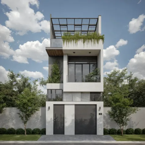 Masterpiece, high quality, best quality, authentic, super detail, outdoors, onestoreyvillaXL, aiaigroup, house style modern on the street ,stairs, white wall ,road,pavement, grass, trees, sky, cloud, (daylight:1.1)