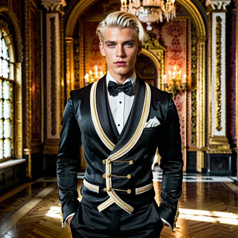 A portrait photograph captures a young prince standing in an elegant, Victorian-style interior setting. He is dressed inleather formal attire from the early 20th century, featuring a black tailcoat with satin lapels that are slightly shiny. The coats struc...