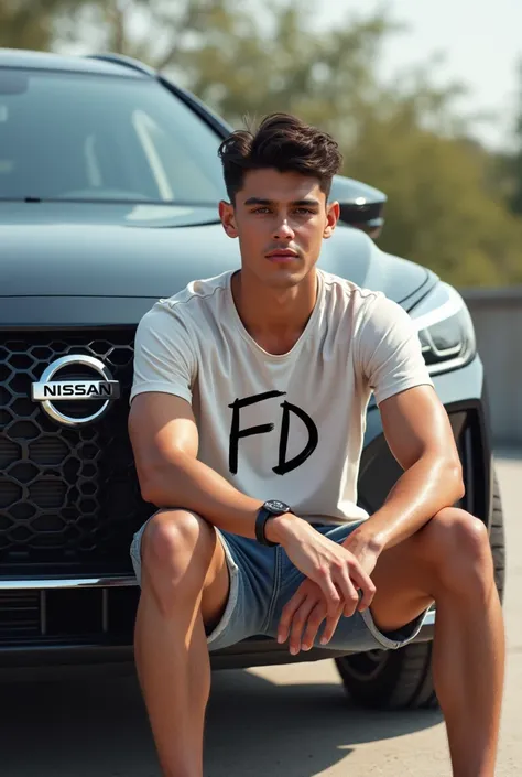 A handsome boy sitting in shorts and a t-shirt in front of a Nissan brand car should write Fd on it