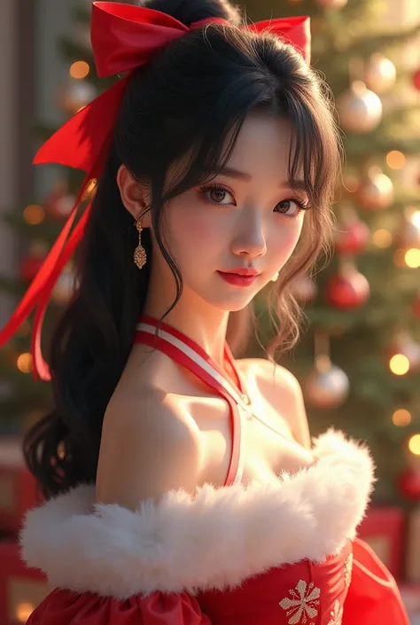 Hyperrealistic digital artwork of a Korean girl wearing a white and red Cinderella dress, and black hair decorated with a red ribbon. The background is a Christmas tree in a brightly lit room. The idol poses sweetly and looks at the audience confidently. l...