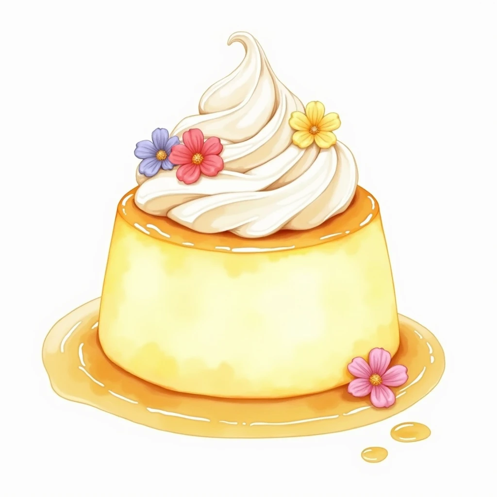  pale watercolor illustration、 Retro Custard Pudding、Hard Pudding 、Fresh cream topping 、 Flowers、no background